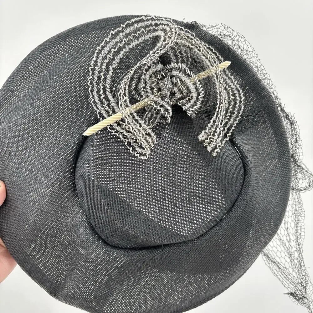 Vtg Black Tilt Fascinator Hat Birdcage Veil Cocktail Church Derby Wedding